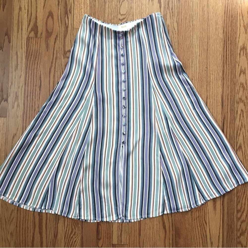 Anthropologie Maeve Silky Freya striped Freya Button lagenlook Midi Skirt 0/W26 - Picture 14 of 16